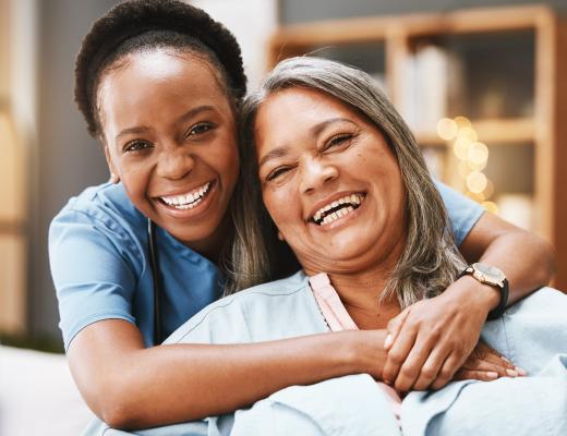 Senior,Care,,Hug,And,Portrait,Of,Nurse,With,Patient,For